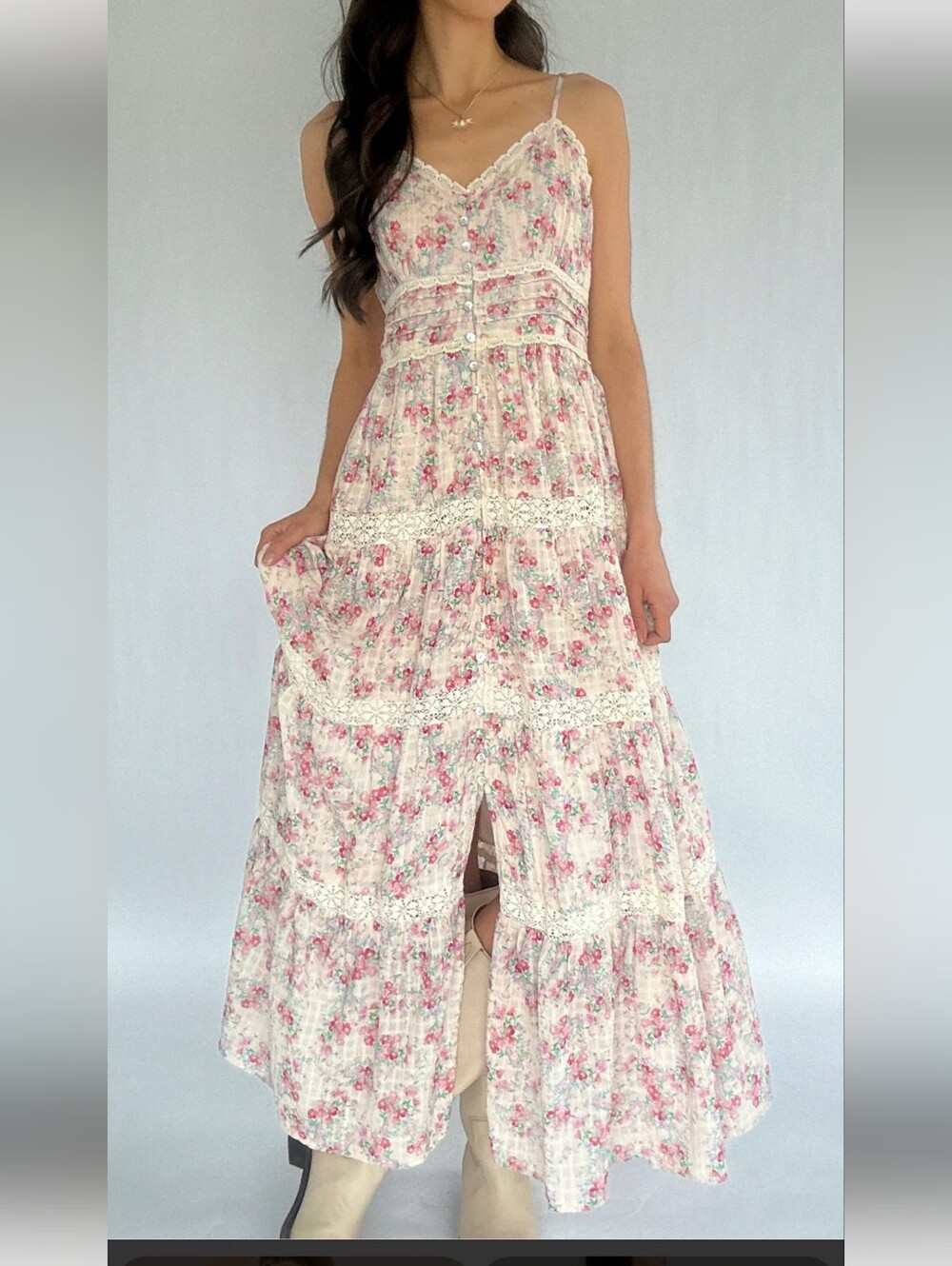 VICI Cottagecore Floral Lace Trim Smocked Maxi Dress Size Small